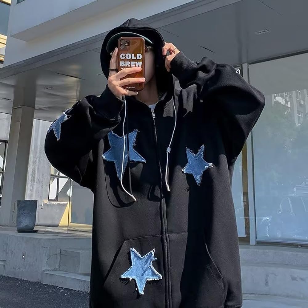 Manniduole Y2K Oversized Zip Up Hoodie Grunge Star Patch Aesthetic