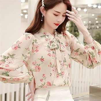 Amazon.com: Women's Bow Tie Neck Pink Floral Chiffon Blouse Top