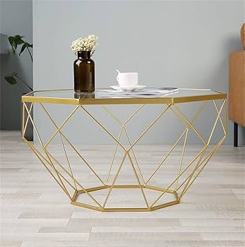 Amazon｜八角形の錬鉄製のコーヒーテーブル、透明な強化ガラス、家庭用