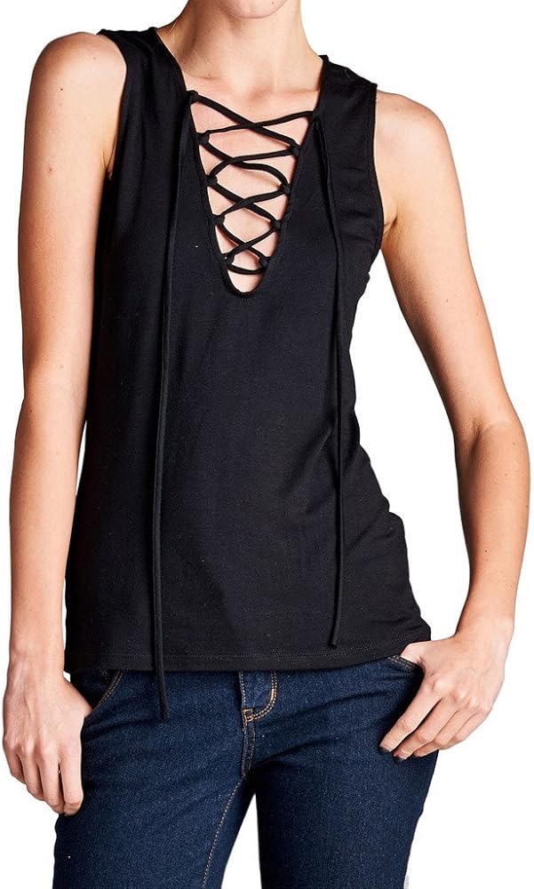 Loving People Solid Front Crossed String Tie Tank Top, Small