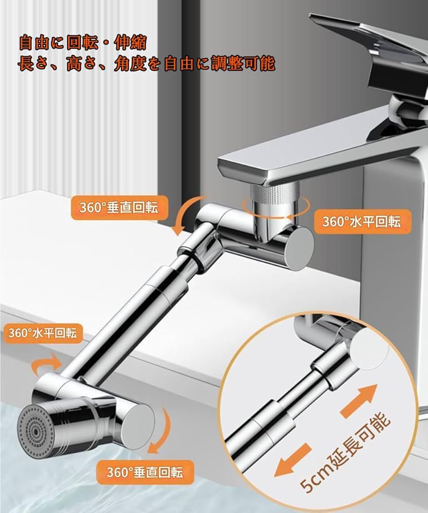Amazon.co.jp: 延長パイプ 蛇口シャワー 節水ノズル 1440°回転式吐水