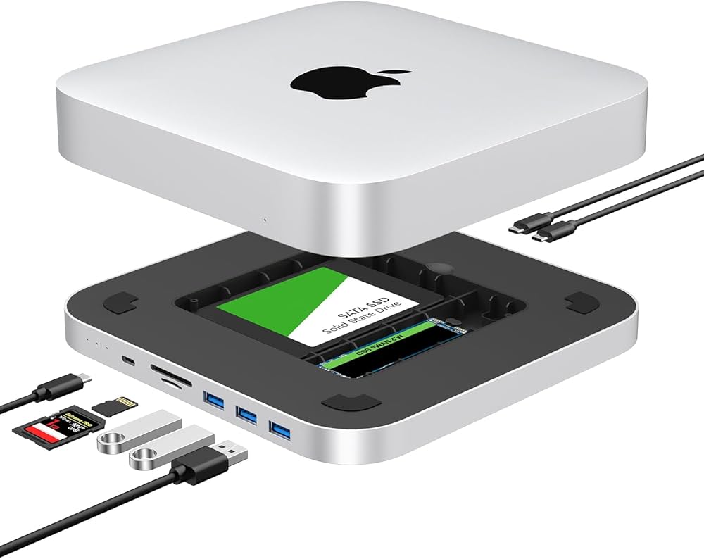 Mac Mini Dock, USB C Hub with Dual SSD Enclosure- Fits M.2 NVMe