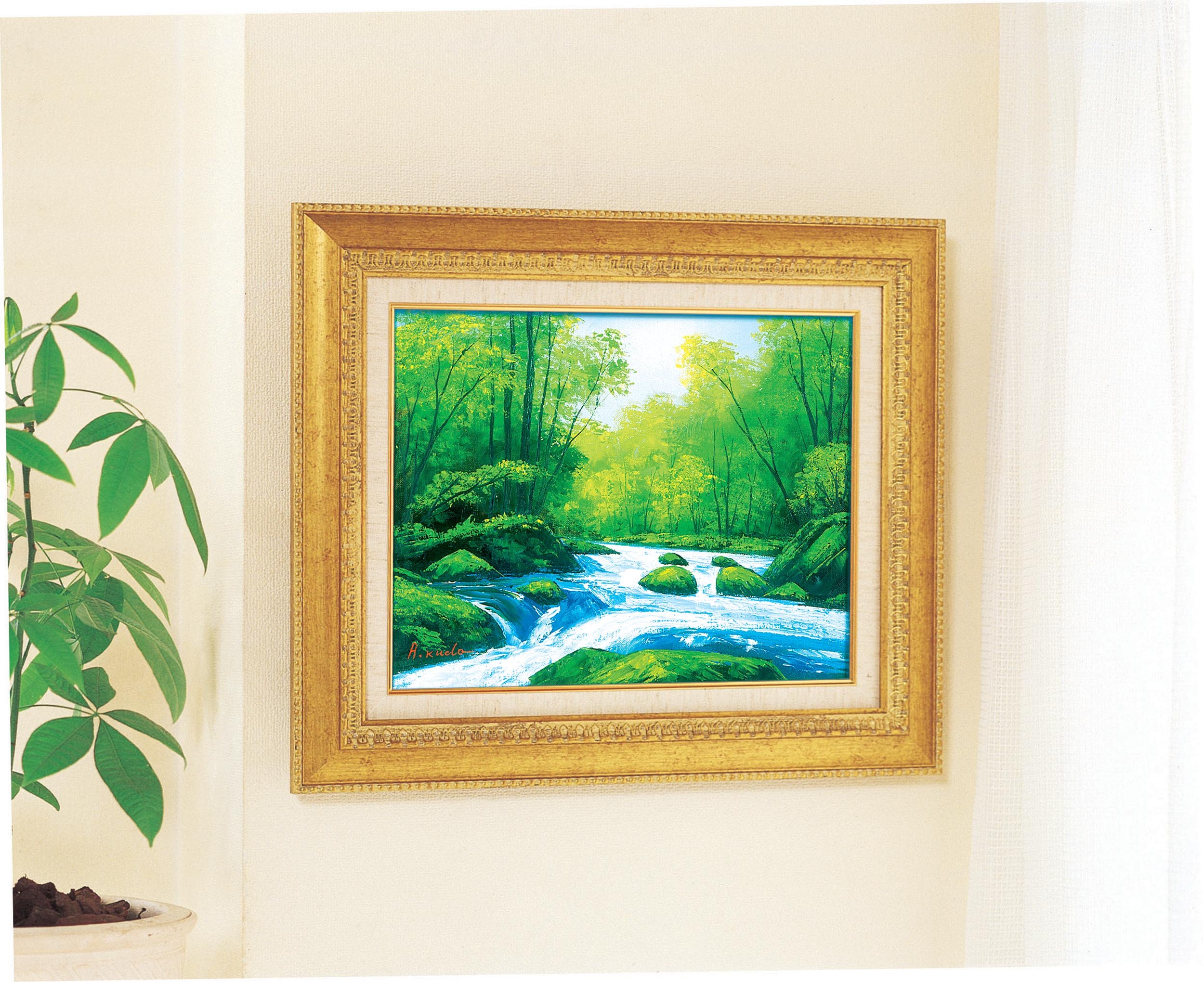 油絵 菅家令子 絵 絵画インテリア額付(青緑＋金色の枠) F4-071512女性