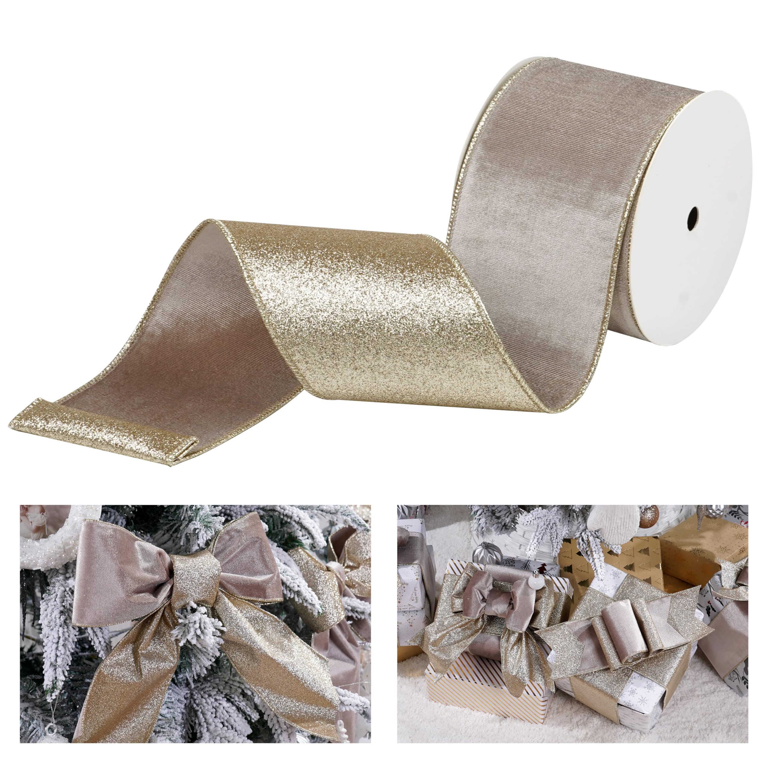 Amazon.com: LIZLOVESS Taupe Velvet Wired Ribbon with Glitter Back