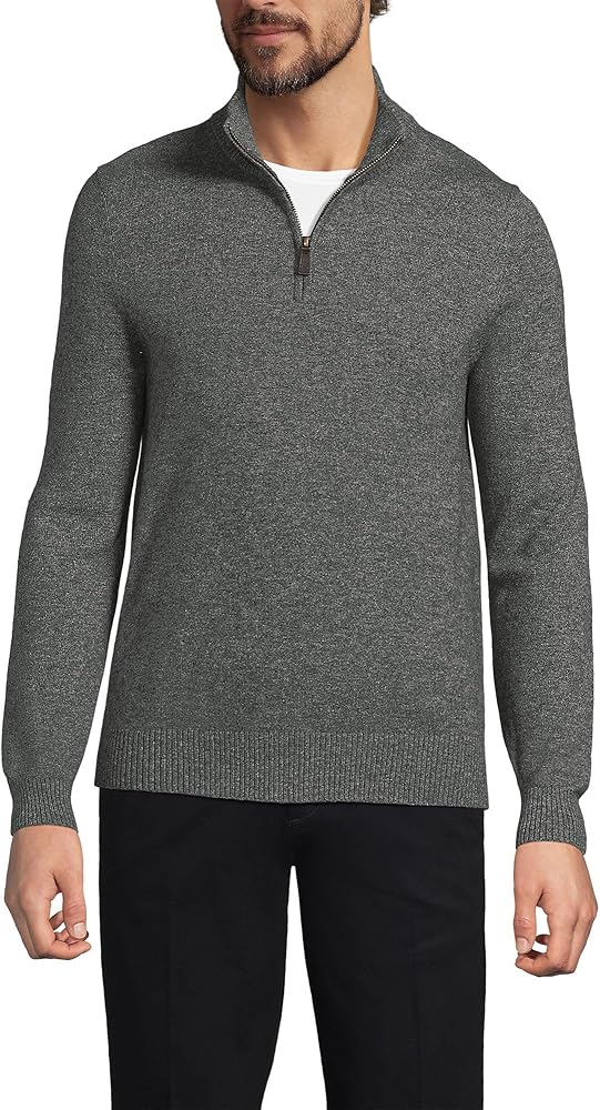 Lands' End Mens Fine Gauge Cashmere Quarter Zip Charcoal Heather