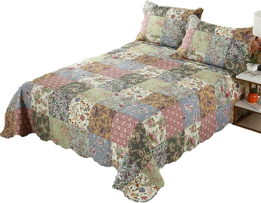 Amazon｜手作りパッチワークキルトベッドカバー綿100％スーパーキング