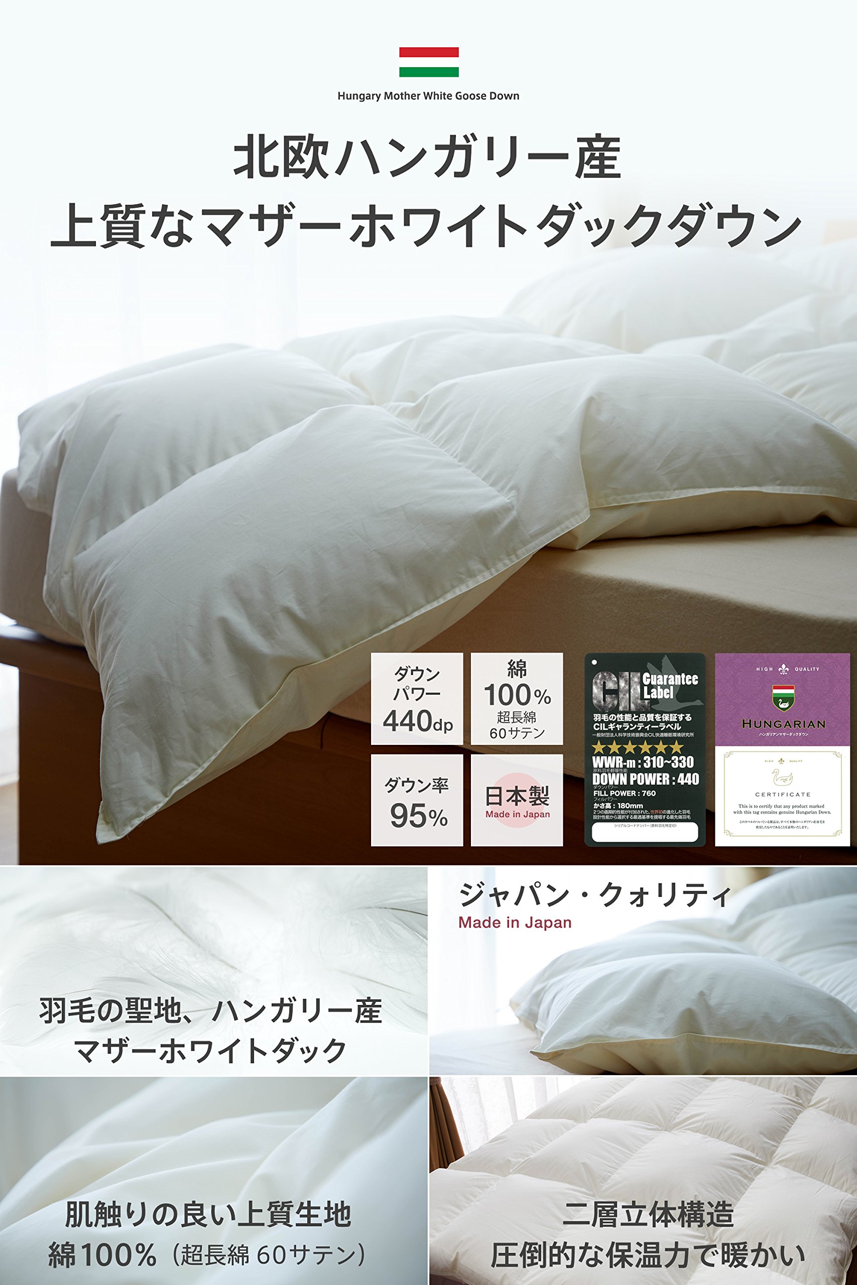Amazon｜羽毛布団 セミダブル ハンガリー産 ホワイト マザーダック