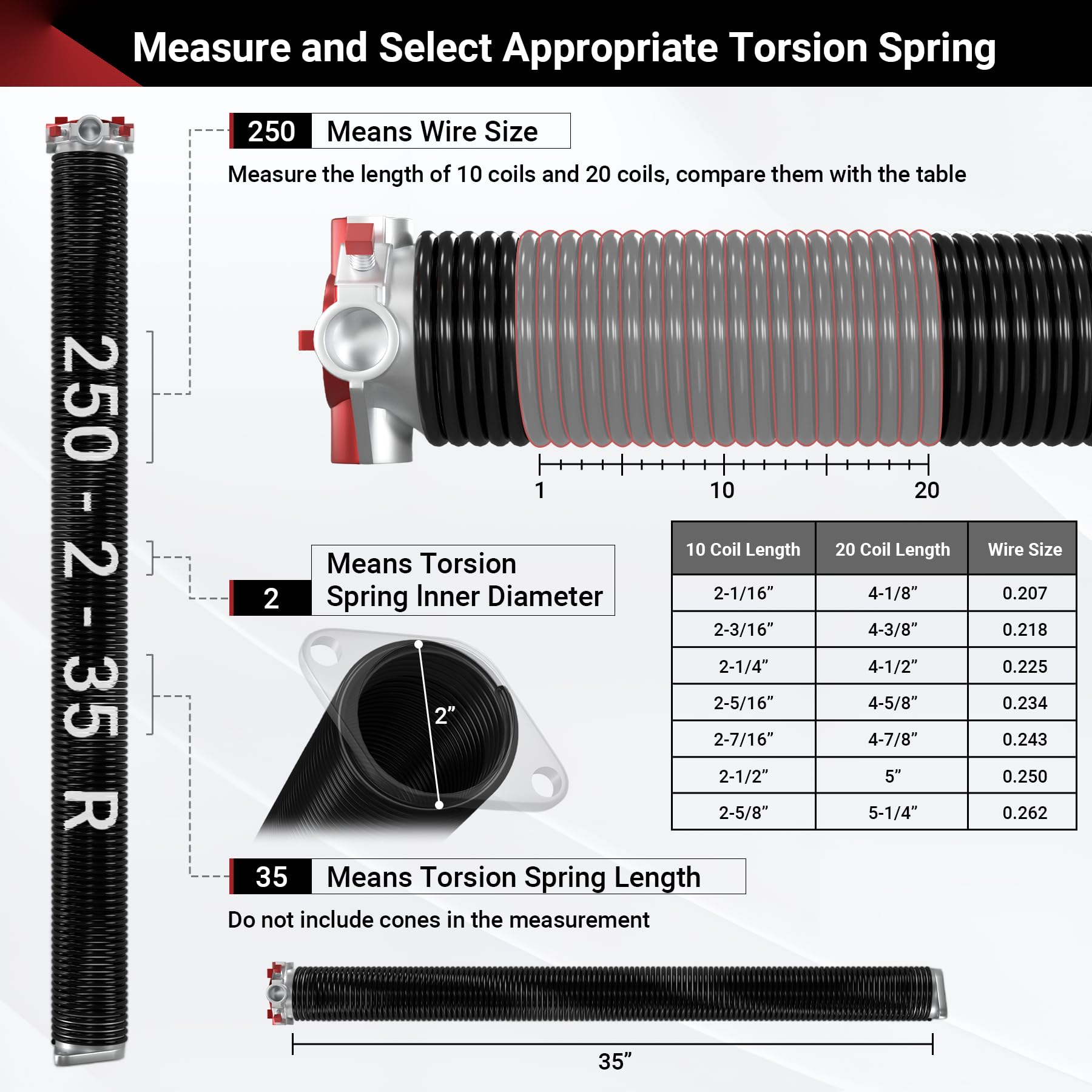 Toriexon Garage Door Spring 0.250” x 2” x 35” (Pair), 18000 Cycles