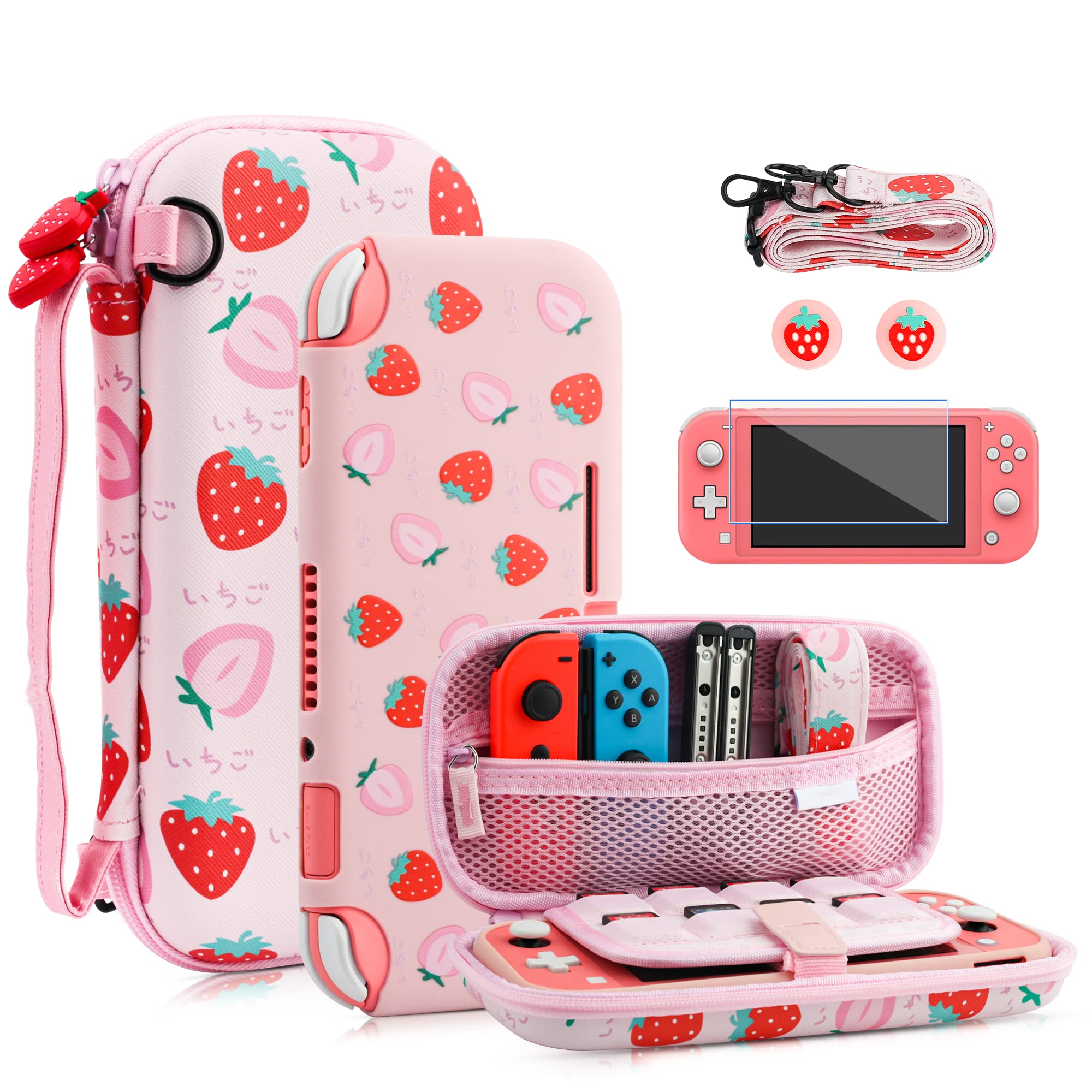 FANPL Case for Nintendo Switch Lite, Cute Pink Strawberry Carrying