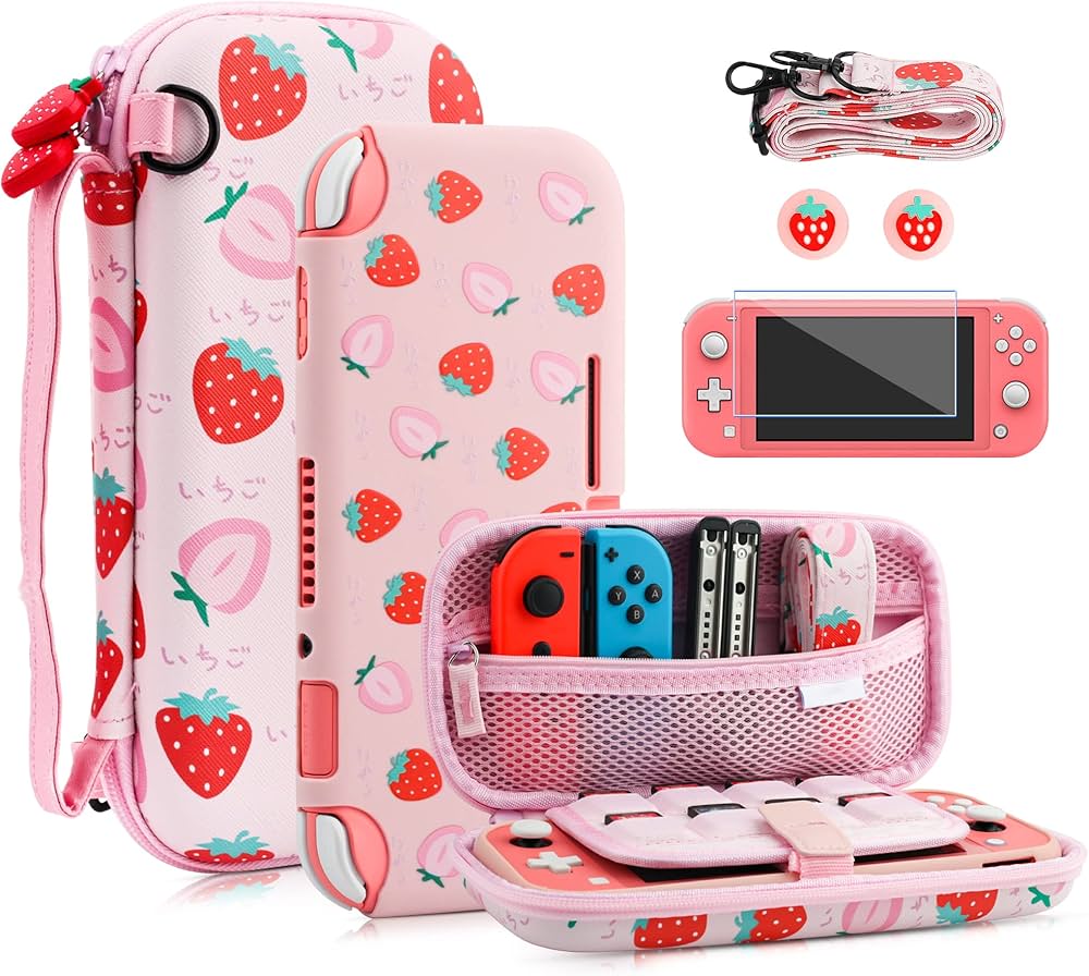 FANPL Case for Nintendo Switch Lite, Cute Pink Strawberry Carrying