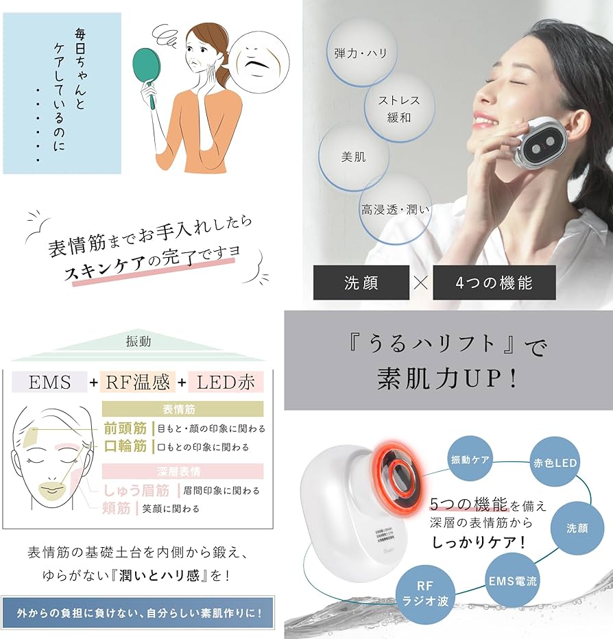 Amazon.co.jp: 美顔器 洗顔ブラシ ボディケア EMS RF 赤LED 高速