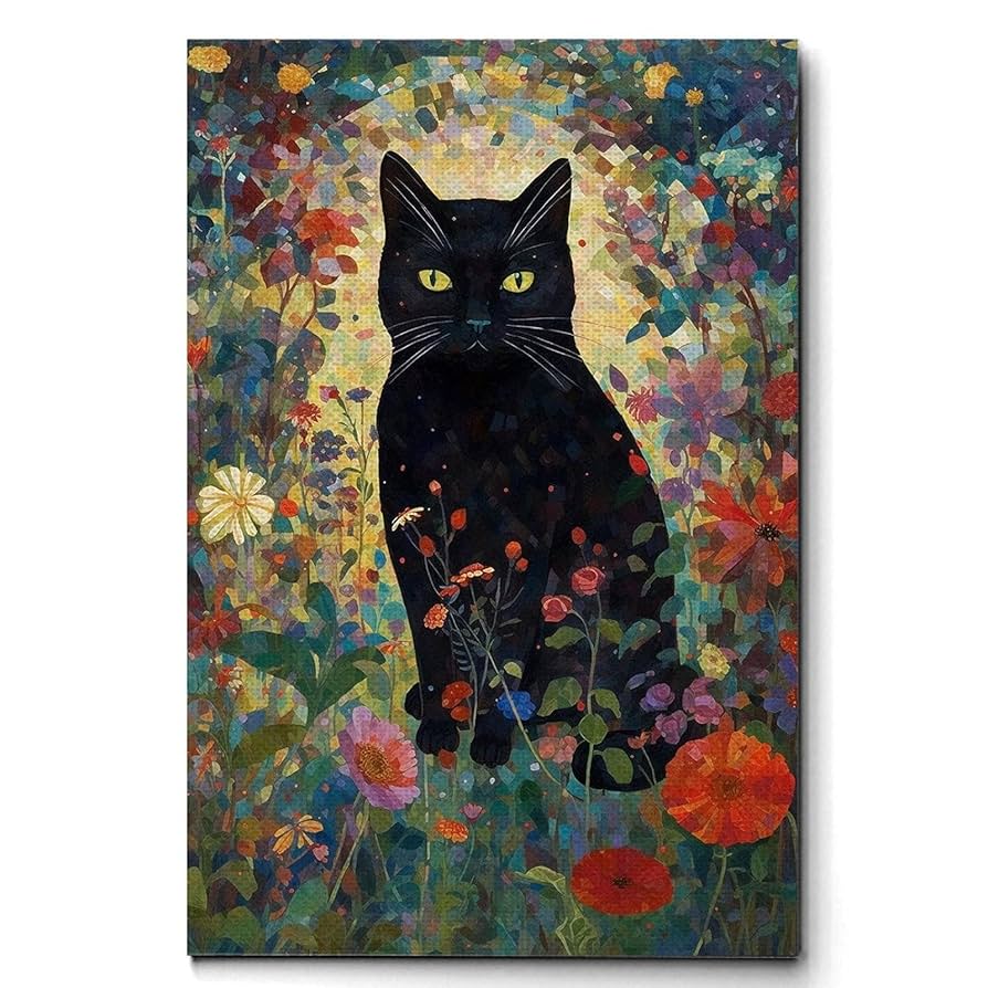 キャンバス油絵 専用 黒猫ガーデン 3 クリムト風フラワーガーデン