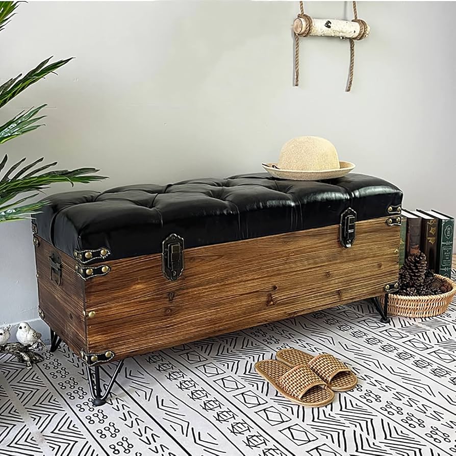 Amazon.co.jp: レザー張りの収納ベンチ、ヴィンテージ木製収納ベンチ