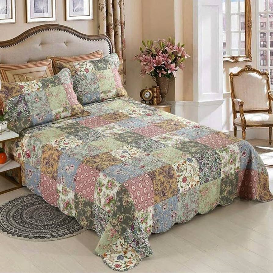 Amazon｜手作りパッチワークキルトベッドカバー綿100％スーパーキング