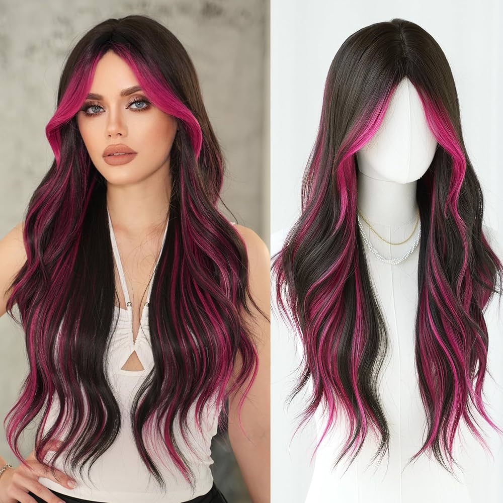Amazon.com : 7JHH WIGS 32in Natural Black Long Wavy Rose Pink