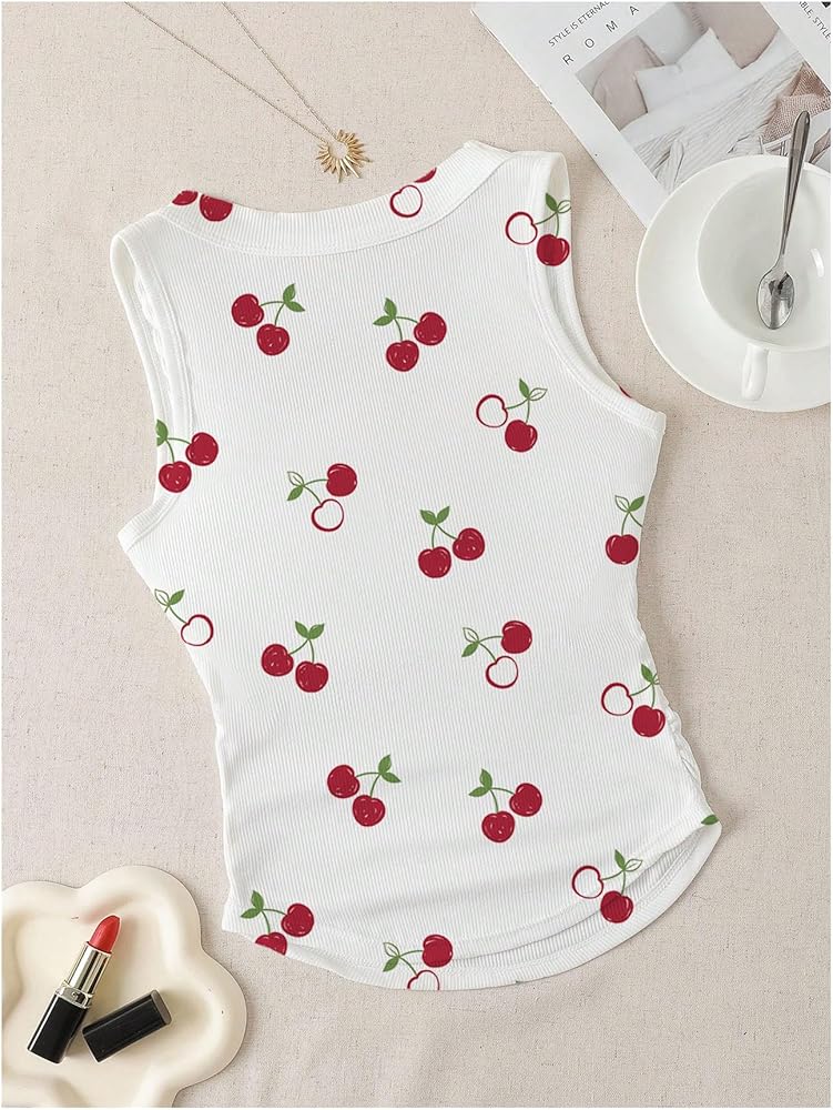 WDIRARA Women's Cherry Print Curve Hem Tank Top Sleeveless Scoop