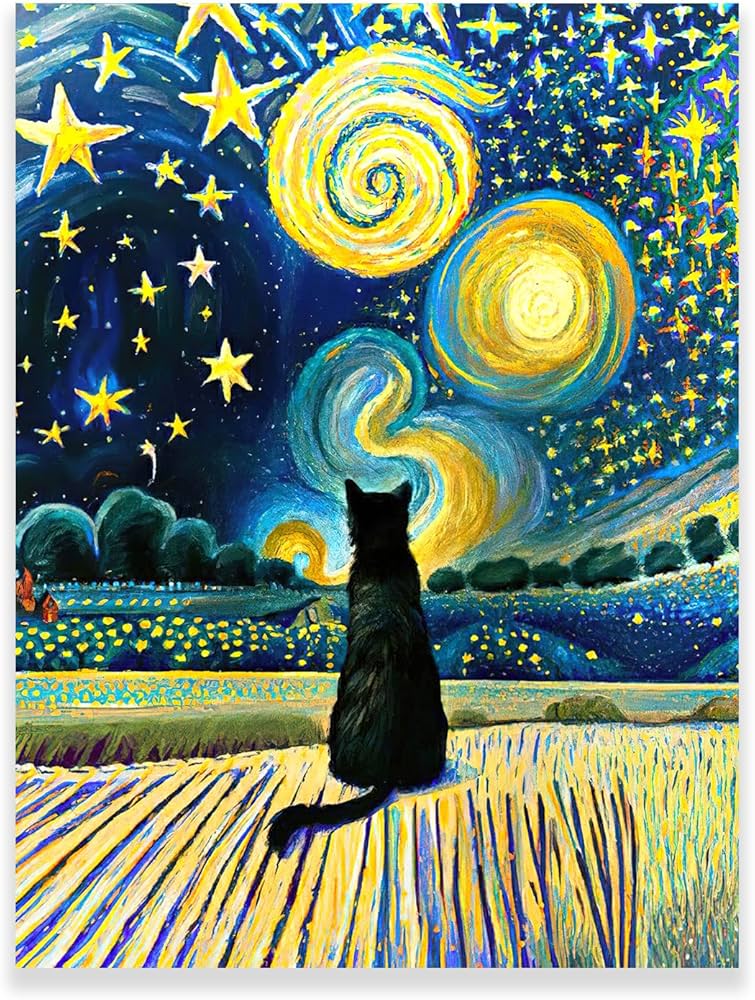 Amazon.co.jp: ZZPT ゴッホ ウォールアート - 星月夜 猫 キャンバス