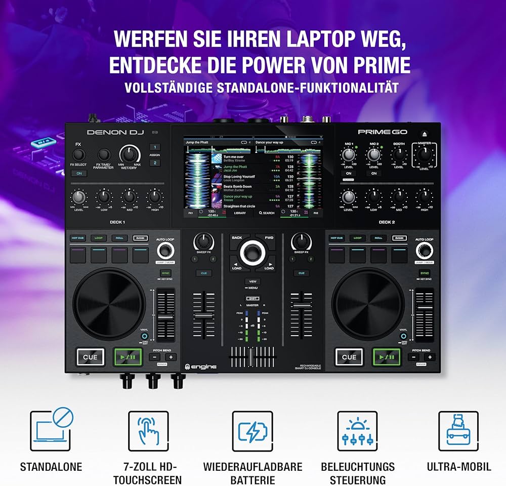 Denon DJ PRIME GO - Tragbares DJ Set, Smart DJ-Konsole mit 2 Decks
