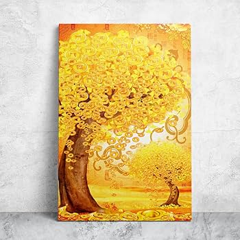 Amazon.co.jp: 黄金の幸運の木アートパネル 金のなる木壁掛け 絵画