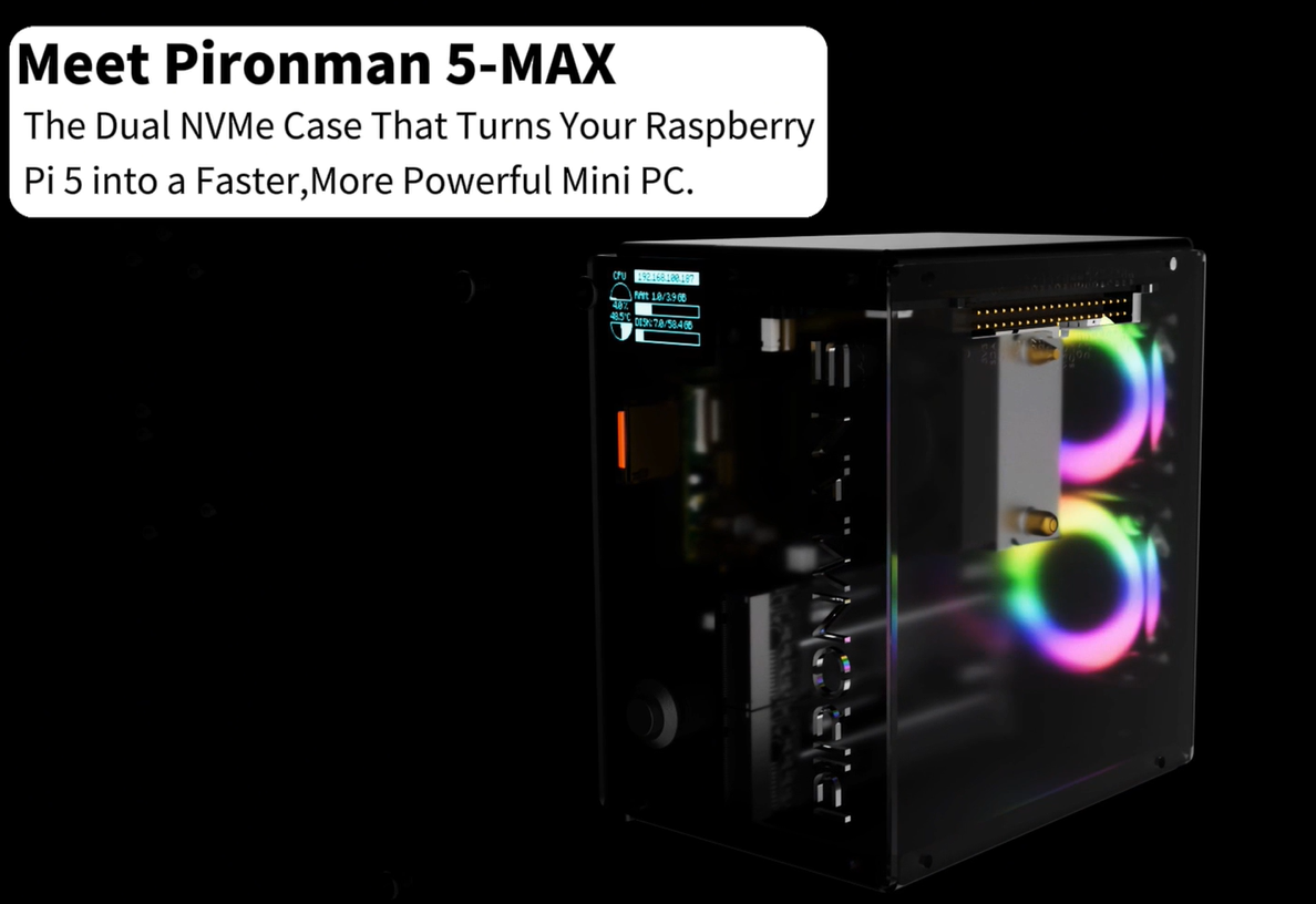 Pironman 5-MAX Dual NVMe M.2 SSD PCIe PC Case for Raspberry Pi 5