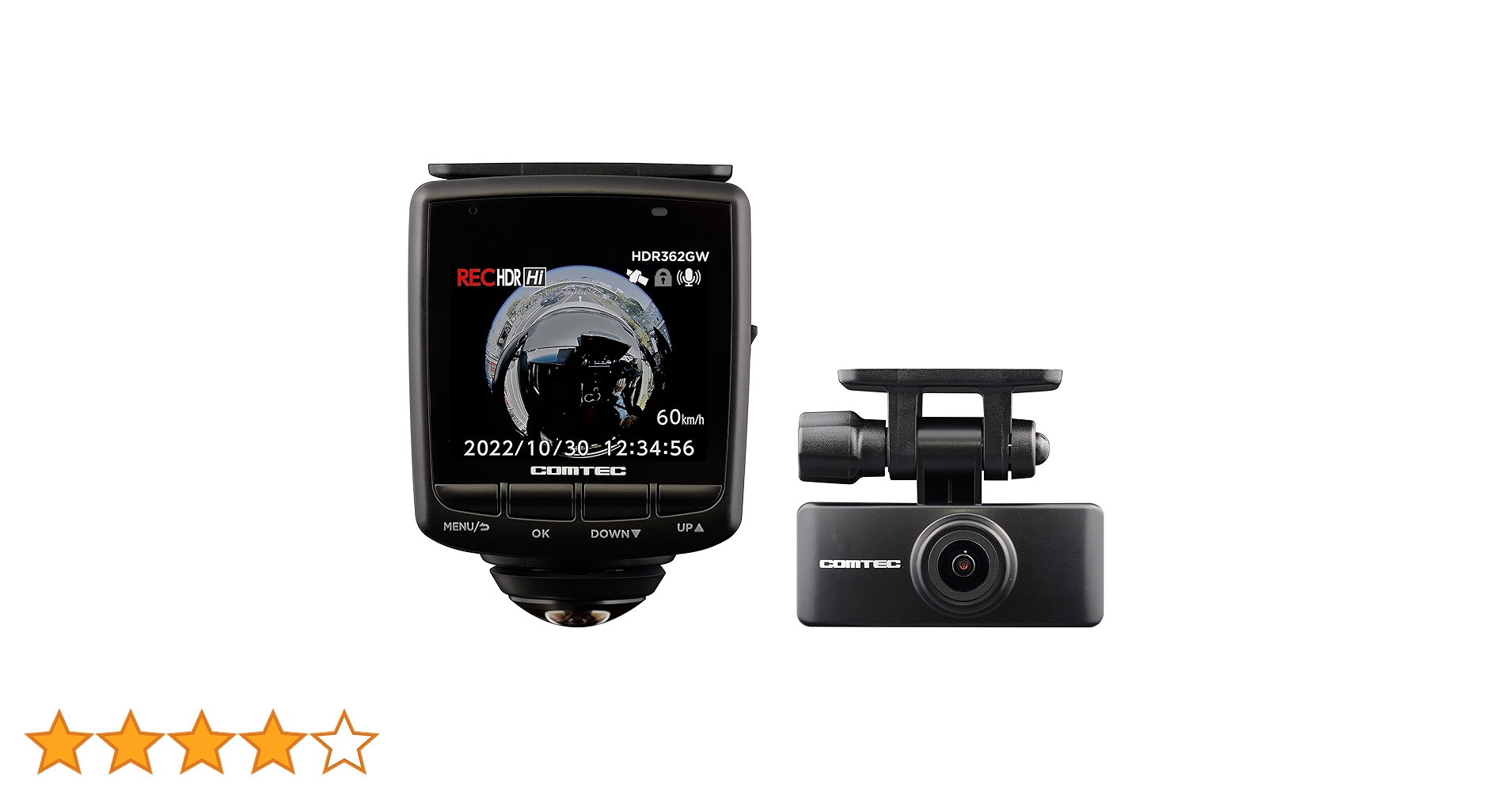 中古品2年使用COMTEC HDR362GW 360度2カメラドライブレコーダー 中古品