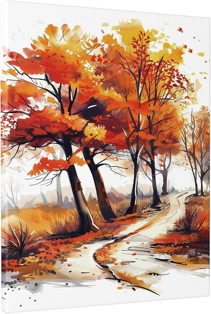 Autumn Pathway Canvas Wall Art, Orange Yellow Watercolor Trees
