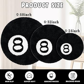 8 Ball Rug, 32 inch Large Black Round Rug for Home Decor, Stussy