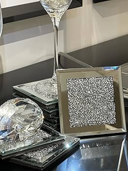 Amazon｜ドリンク用ガラスコースター、4個セット、ダイヤモンド装飾