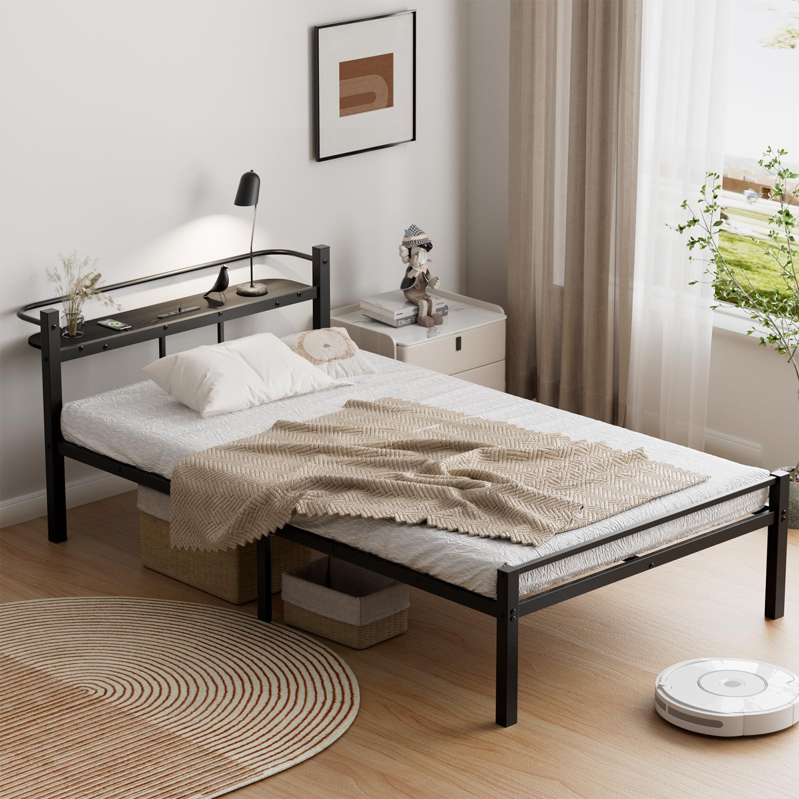 SuperKois ベッドフレーム ダブル ブラック コンセント 棚付き 収納