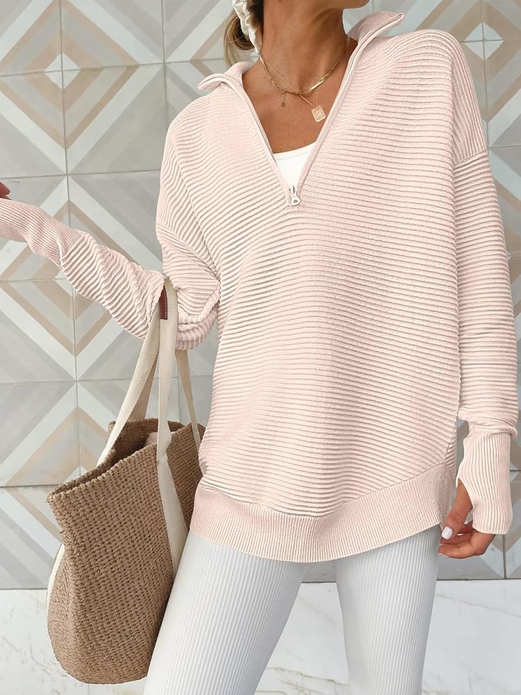 ANRABESS Womens Long Sleeve Quarter Zip Pullover Sweater Casual