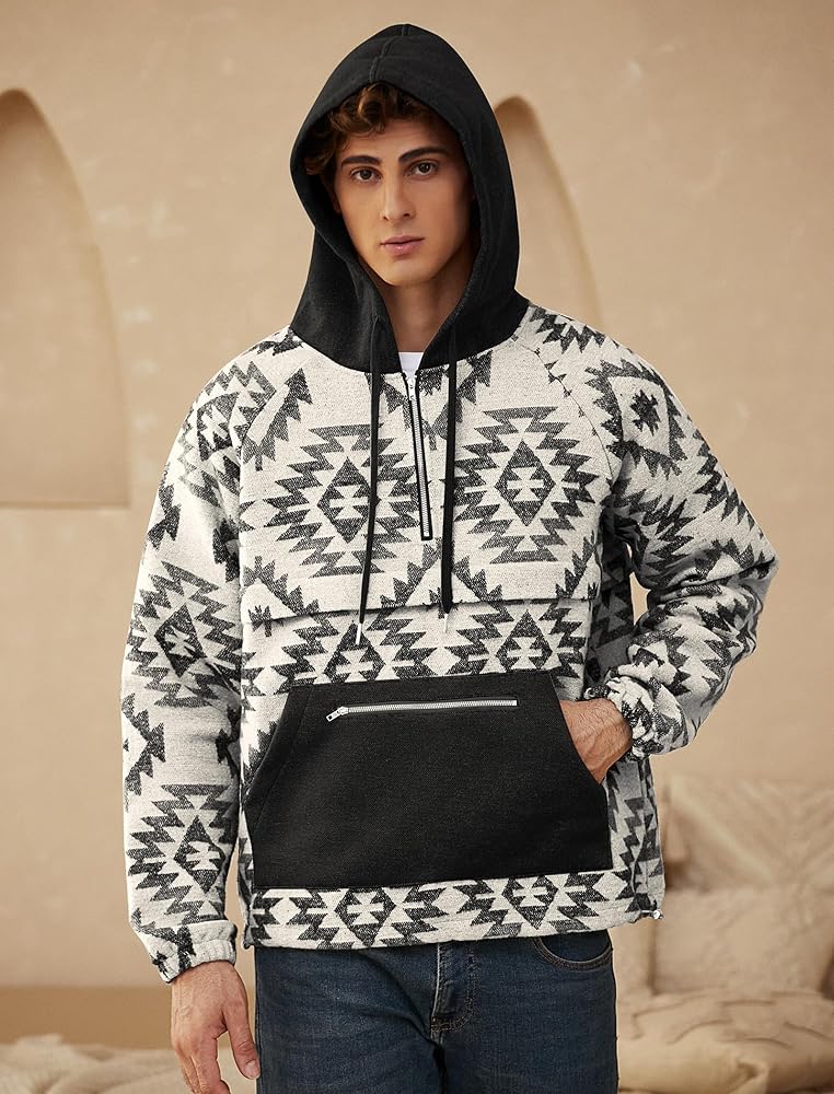 Amazon.com: ZAFUL Men's Oversized Hoodie Quarter Zip Ethnic Aztec