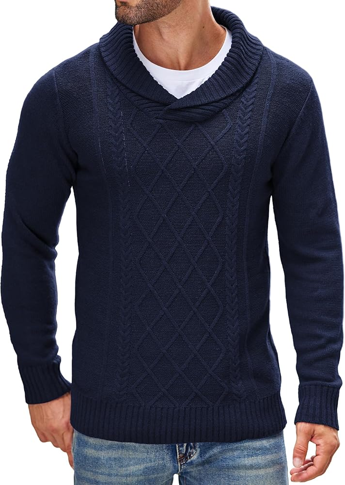 COOFANDY Men's Shawl Collar Sweaters V-Neck Relaxed Fit Cable