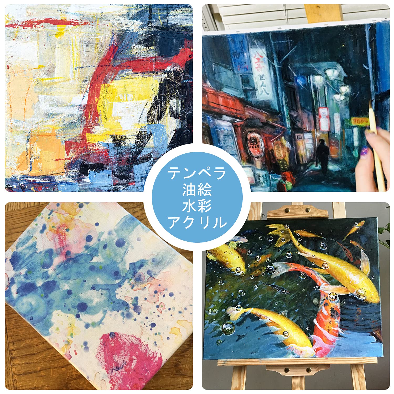 キャンバス油絵 よっこ クールな配色のテーブル 大きいキャンバス縦