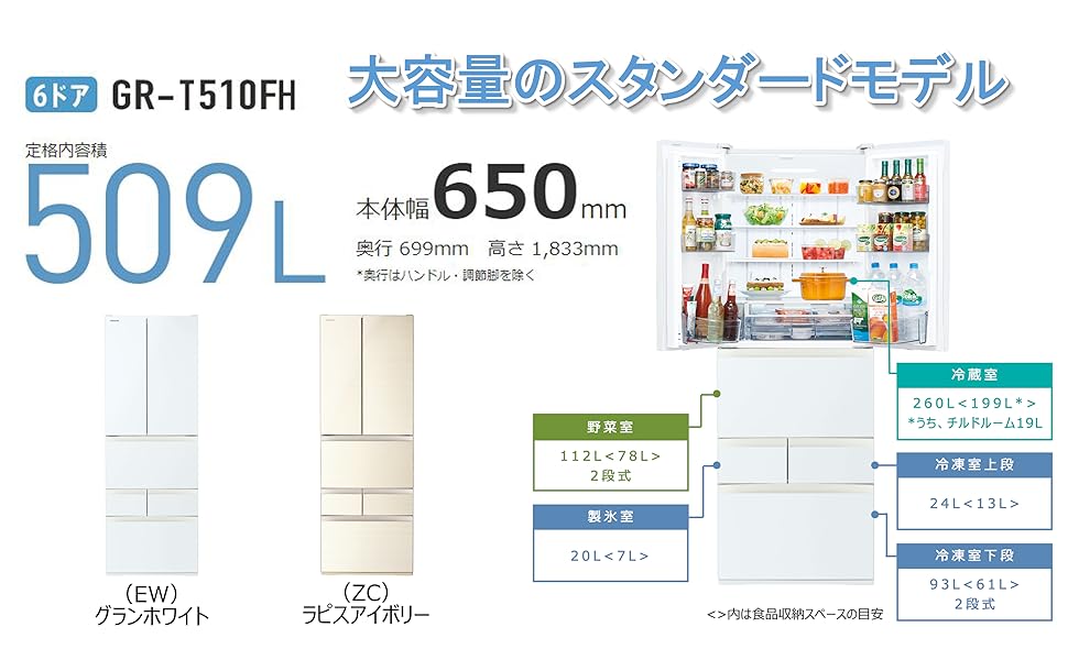Amazon.co.jp: 東芝 冷蔵庫(幅65.0㎝) 509L GR-T510FH-EW 【大容量