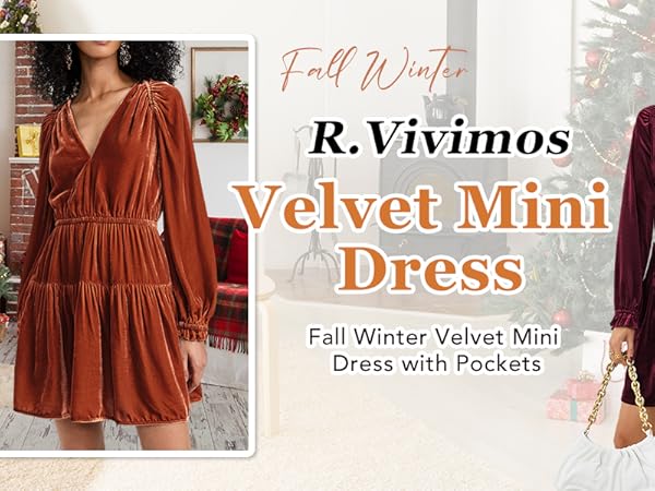 R.Vivimos Womens Fall Velvet Mini Dress V Neck Long Sleeve Elastic
