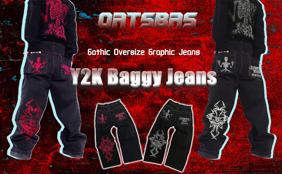 OATSBAS Y2K Beggy Jeans for Women Men Denim Pants Skull Embroidery