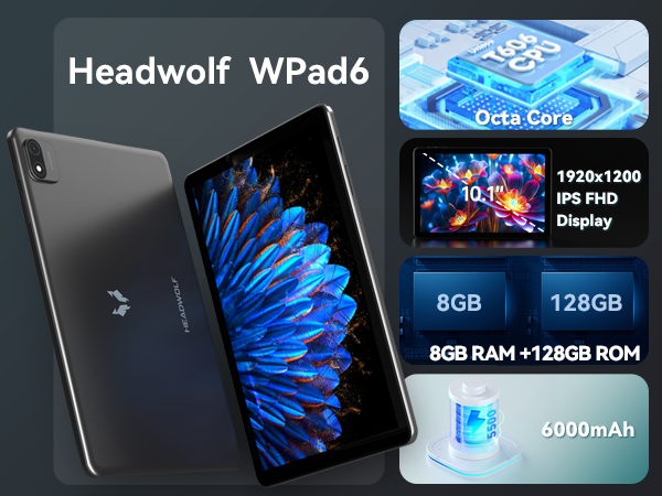 Headwolf Android 15 Tablet 10 Inch, WPad6 Octa-Core FHD 1920x1200