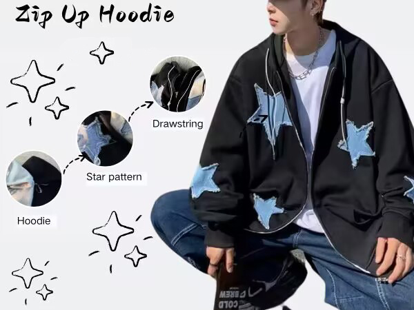 Lafaguw Cute Hoodie Women Men,Star Graphic Zip Up Hoodies Oversize