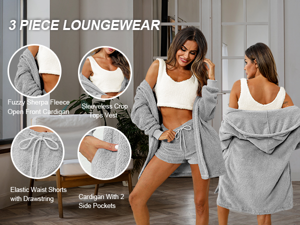FIOPHY Womens Sexy Fuzzy 3 Piece Outfits Pajamas Loungewear Set