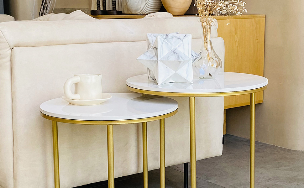 Amazon.co.jp: UNHO ネストテーブル 丸 大理石天板×ゴールド脚 サイド