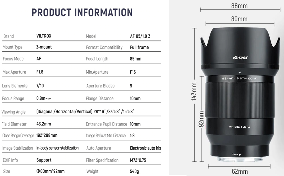 Amazon.com : VILTROX 85mm F1.8 Z, AF 85mm f/1.8 Full Frame Lens