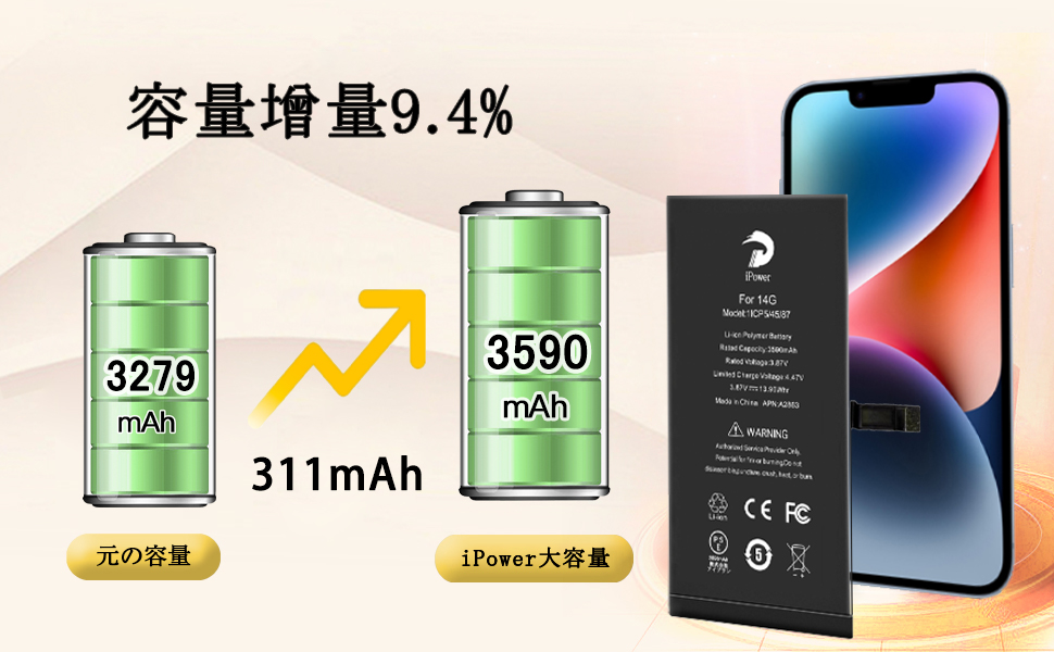 Amazon | iPower for iPhone 14 バッテリー互換 大容量3590mAh 9.4