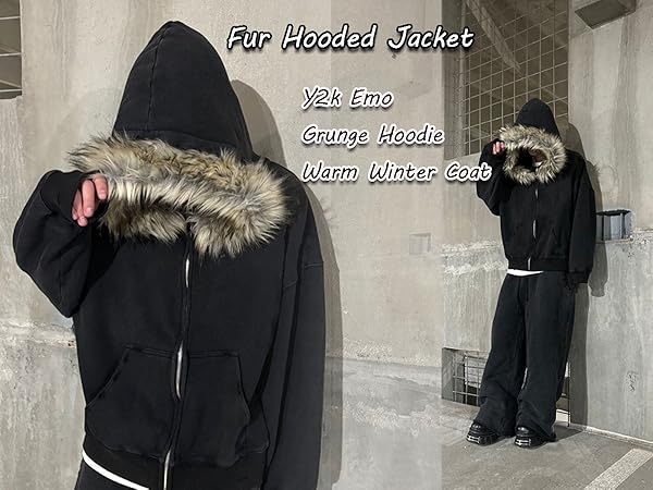 Amazon.com: heyheyshine Men's Zip Up Hoodie Fur Hooded Jacket Y2k