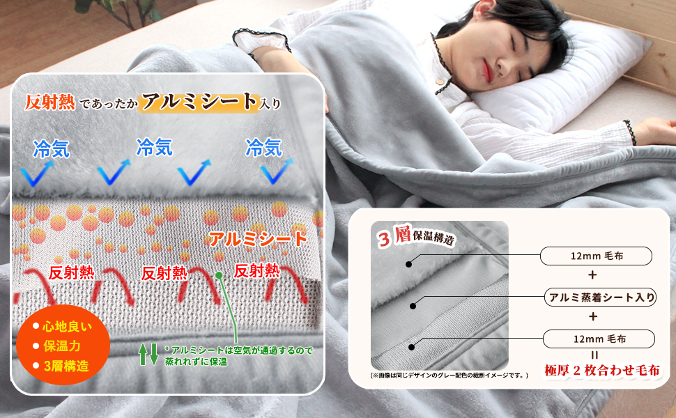 Amazon｜【独自技術・音しないアルミシート入り】毛布 シングル 3層