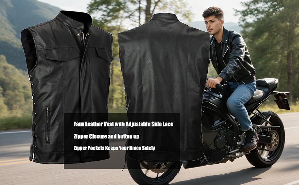 Idopy Men`s Faux Leather Vest Adjustable Lace Up Sides Motorcycle
