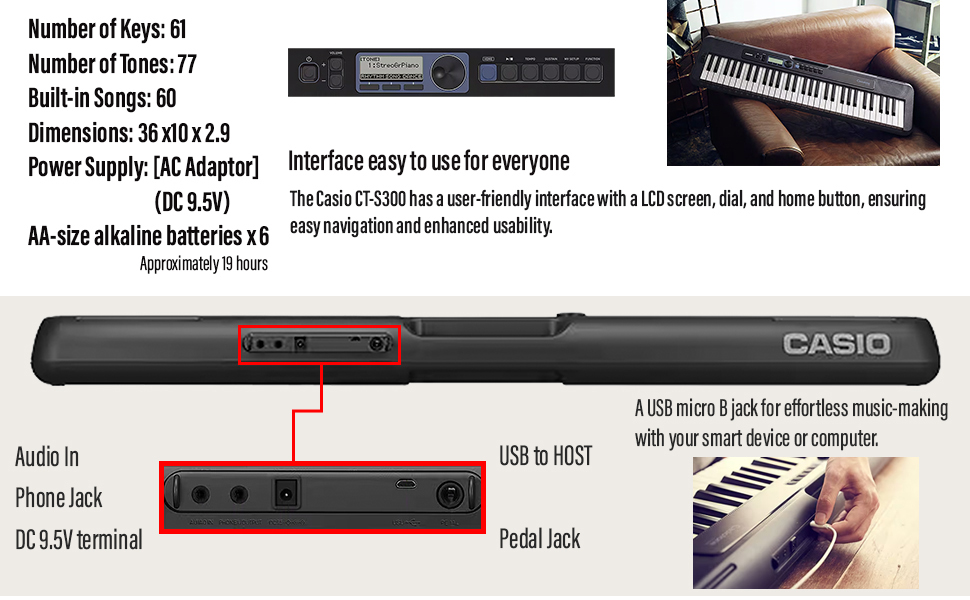 Amazon.com: Casio CT-S300 61-Key Keyboard Bundle with Adjustable