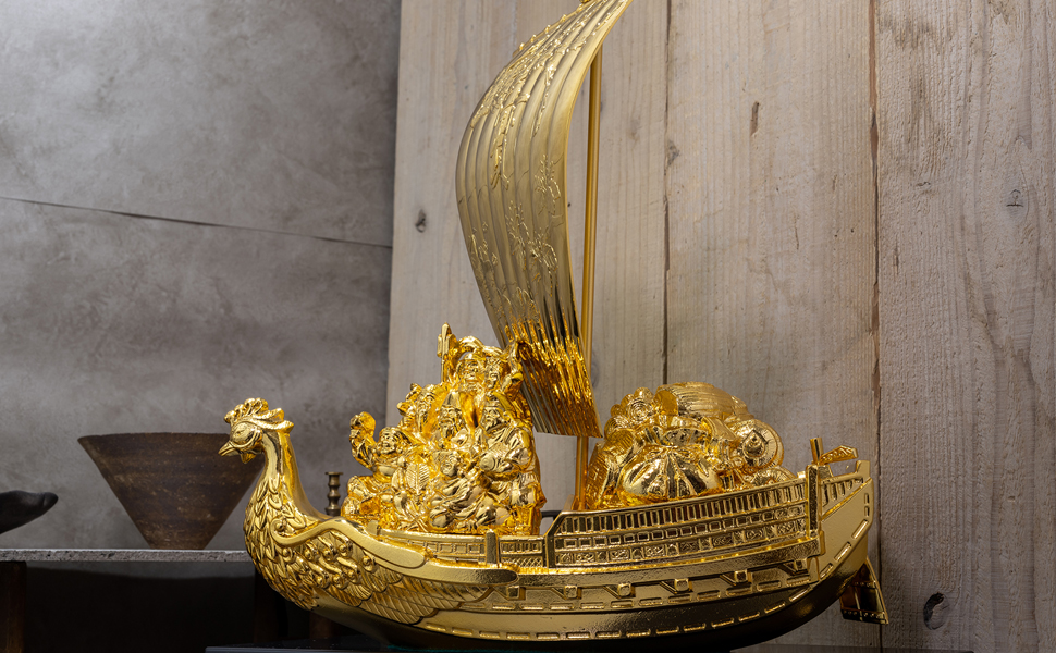 Amazon.co.jp: 開運 七福宝船 37cm（金メッキ/24金）＿置物 七福神