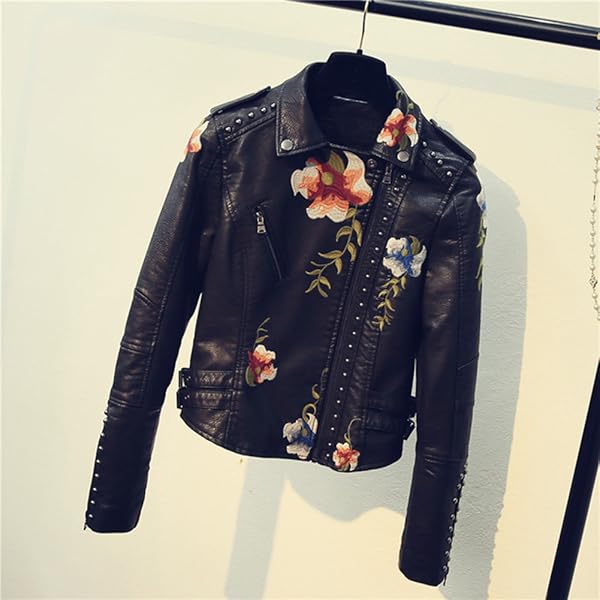 Amazon | [cnstone] 花柄 刺繍 ライダースジャケット レディース
