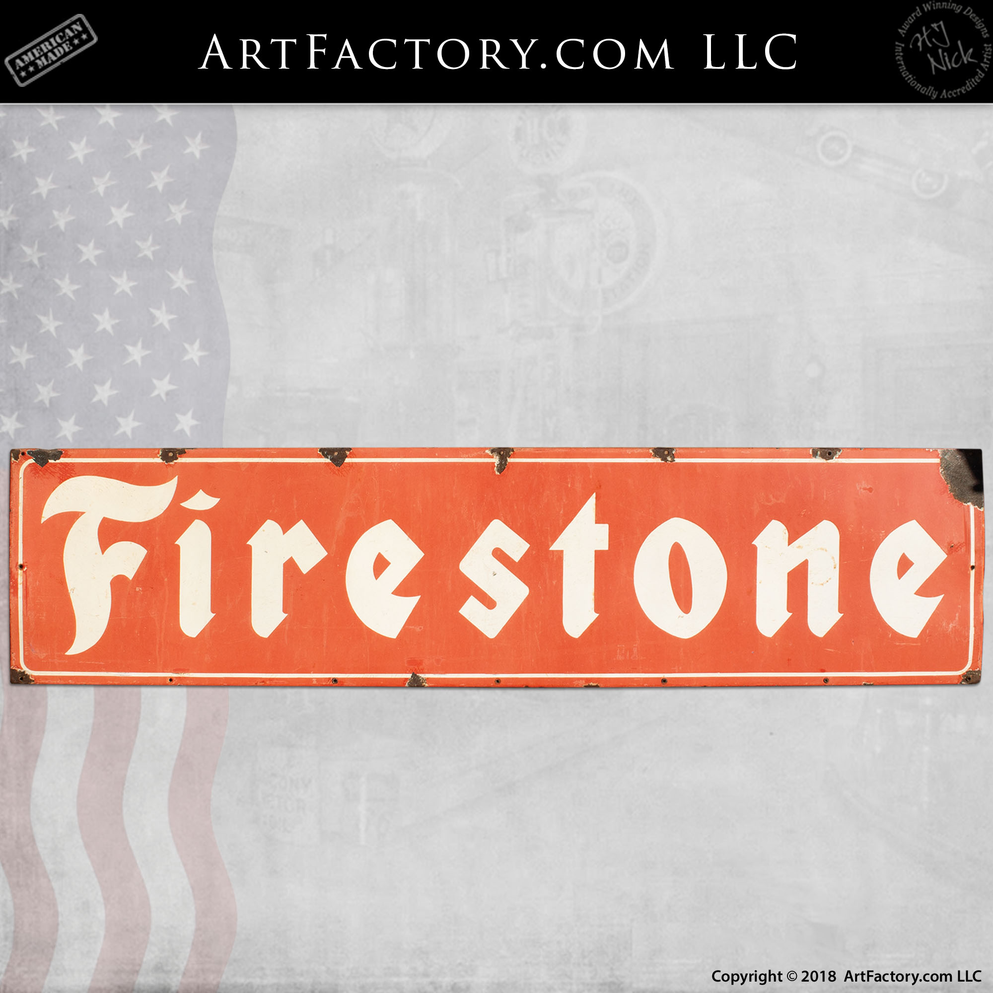 Large Firestone Tires Vintage Sign: 6 Foot Original Porcelain