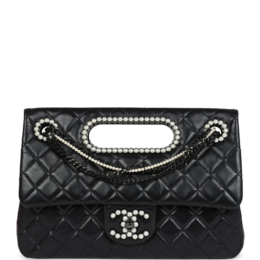 Chanel Large Double Flap Bag with Pearl Cut Out Handle Black Shiny Lam
